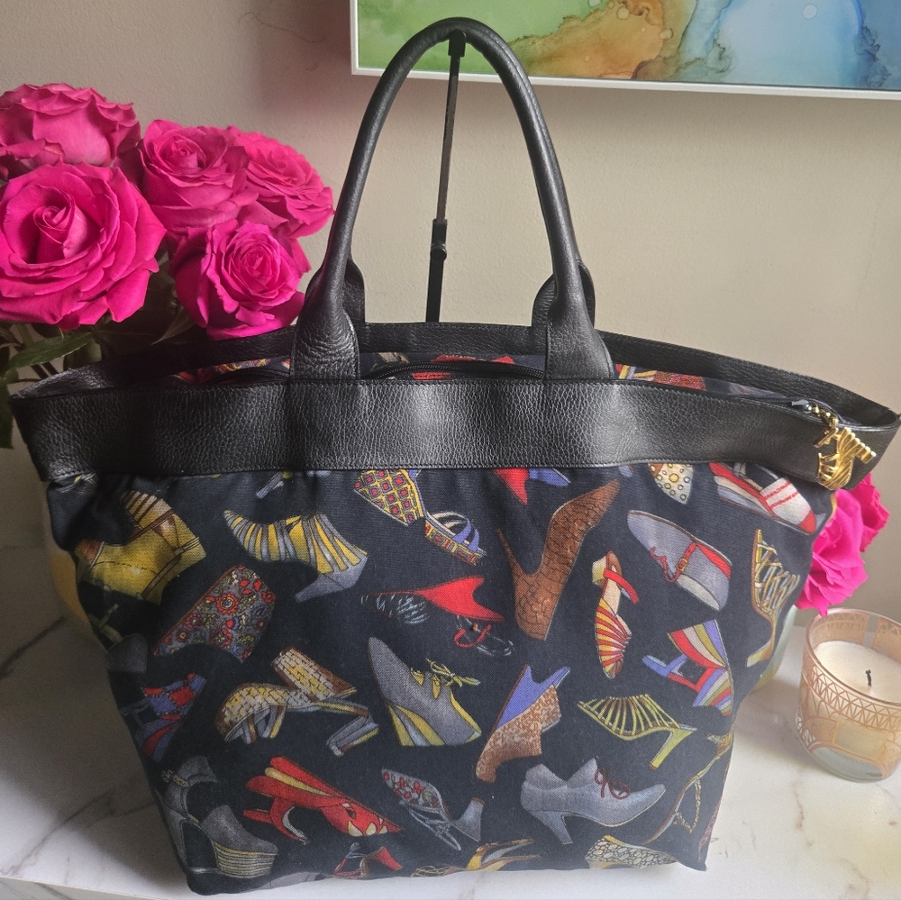 GUC Vintage Salvatore Ferragamo Summer Heel Canvas Tote Shoulder Bag - Picture 7 of 15